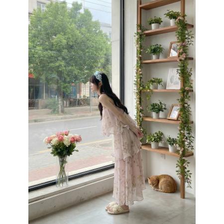 BY15882# 施薇靓丹麦设计师印花薄雾紫棠鱼骨绣连衣裙吊带连衣裙  服裝批發女裝批發服飾貨源