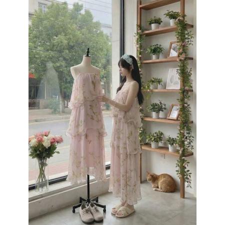 BY15882# 施薇靓丹麦设计师印花薄雾紫棠鱼骨绣连衣裙吊带连衣裙  服裝批發女裝批發服飾貨源