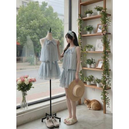 BY15883# 学院风蓝色露肩连衣裙女夏季法式气质收腰无袖背心短裙甜美百褶裙  服裝批發女裝批發服飾貨源