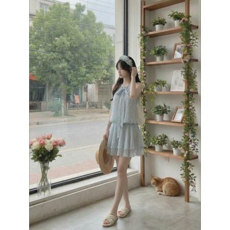 BY15883# 学院风蓝色露肩连衣裙女夏季法式气质收腰无袖背心短裙甜美百褶裙  服裝批發女裝批發服飾貨源