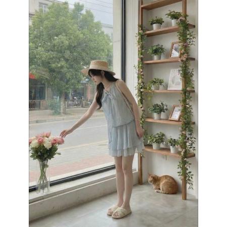 BY15883# 学院风蓝色露肩连衣裙女夏季法式气质收腰无袖背心短裙甜美百褶裙  服裝批發女裝批發服飾貨源