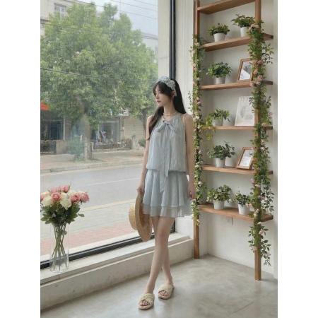 BY15883# 学院风蓝色露肩连衣裙女夏季法式气质收腰无袖背心短裙甜美百褶裙  服裝批發女裝批發服飾貨源