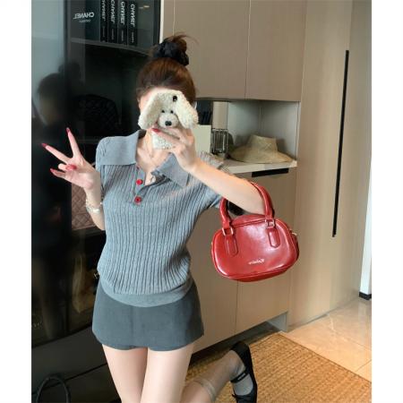 BY15884# 大码夏季胖mm正肩麻花纹polo领撞色刺绣针织短袖薄款上衣女 服裝批發女裝批發服飾貨源