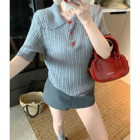 BY15884# 大码夏季胖mm正肩麻花纹polo领撞色刺绣针织短袖薄款上衣女 服裝批發女裝批發服飾貨源