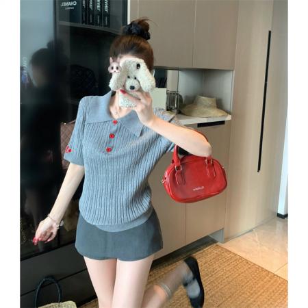 BY15884# 大码夏季胖mm正肩麻花纹polo领撞色刺绣针织短袖薄款上衣女 服裝批發女裝批發服飾貨源