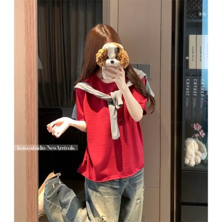 BY15885# 大码夏季胖mm正肩圆领基础款纯色百搭显瘦针织短袖短款上衣女 服裝批發女裝批發服飾貨源