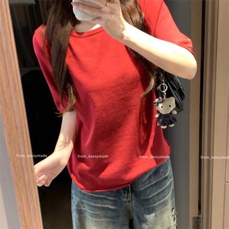 BY15885# 大码夏季胖mm正肩圆领基础款纯色百搭显瘦针织短袖短款上衣女 服裝批發女裝批發服飾貨源