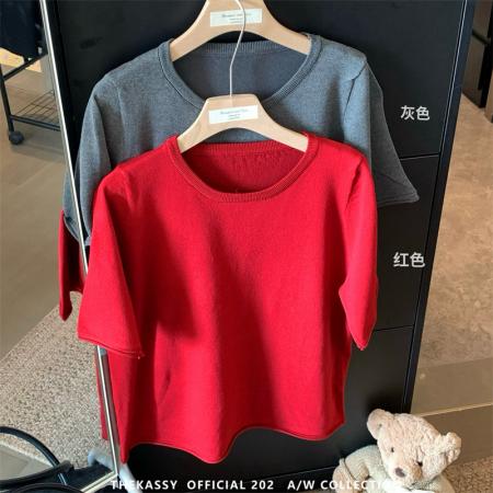 BY15885# 大码夏季胖mm正肩圆领基础款纯色百搭显瘦针织短袖短款上衣女 服裝批發女裝批發服飾貨源