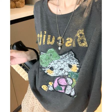 BY15886# 宽松版大码夏季胖mm好搭配灰色纯棉宽松百搭印花短袖T恤女 服裝批發女裝批發服飾貨源