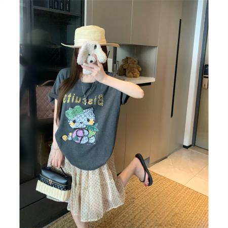 BY15886# 宽松版大码夏季胖mm好搭配灰色纯棉宽松百搭印花短袖T恤女 服裝批發女裝批發服飾貨源