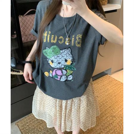 BY15886# 宽松版大码夏季胖mm好搭配灰色纯棉宽松百搭印花短袖T恤女 服裝批發女裝批發服飾貨源