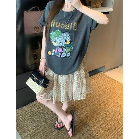 BY15886# 宽松版大码夏季胖mm好搭配灰色纯棉宽松百搭印花短袖T恤女 服裝批發女裝批發服飾貨源