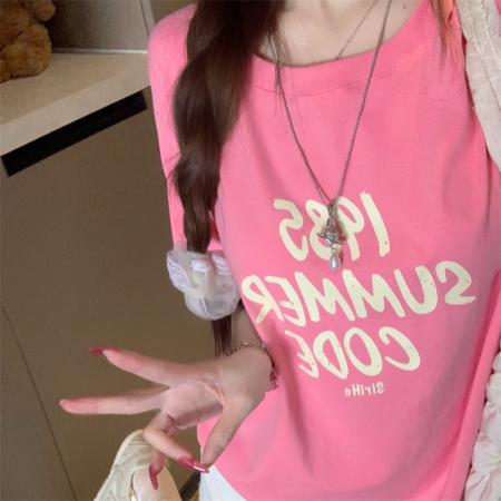 BY15887# 宽松版大码夏季胖mm正肩纯棉短袖多巴胺字母印花宽松T恤女 服裝批發女裝批發服飾貨源