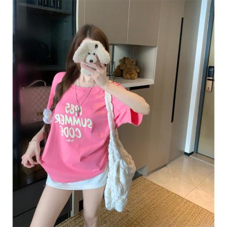 BY15887# 宽松版大码夏季胖mm正肩纯棉短袖多巴胺字母印花宽松T恤女 服裝批發女裝批發服飾貨源