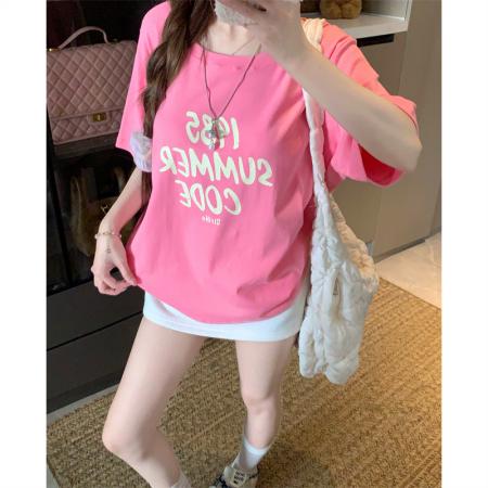 BY15887# 宽松版大码夏季胖mm正肩纯棉短袖多巴胺字母印花宽松T恤女 服裝批發女裝批發服飾貨源