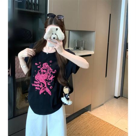 BY15888# 宽松版大码夏季胖mm正肩纯棉短袖美人鱼印花宽松T恤上衣女 服裝批發女裝批發服飾貨源