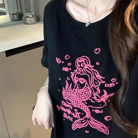 BY15888# 宽松版大码夏季胖mm正肩纯棉短袖美人鱼印花宽松T恤上衣女 服裝批發女裝批發服飾貨源