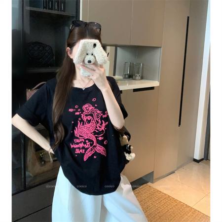 BY15888# 宽松版大码夏季胖mm正肩纯棉短袖美人鱼印花宽松T恤上衣女 服裝批發女裝批發服飾貨源