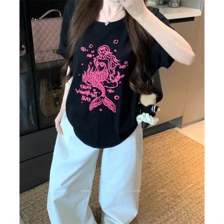 BY15888# 宽松版大码夏季胖mm正肩纯棉短袖美人鱼印花宽松T恤上衣女 服裝批發女裝批發服飾貨源