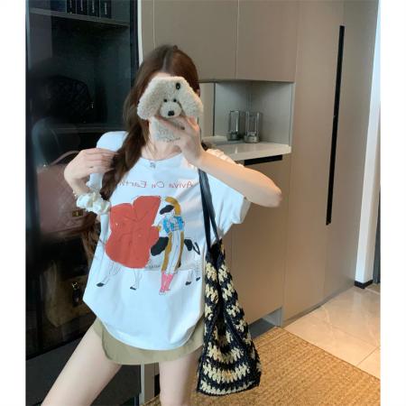 BY15889# 宽松版大码夏季胖mm正肩短袖趣味斗牛士印花纯棉宽松t恤女 服裝批發女裝批發服飾貨源