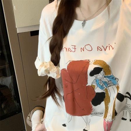 BY15889# 宽松版大码夏季胖mm正肩短袖趣味斗牛士印花纯棉宽松t恤女 服裝批發女裝批發服飾貨源