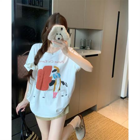 BY15889# 宽松版大码夏季胖mm正肩短袖趣味斗牛士印花纯棉宽松t恤女 服裝批發女裝批發服飾貨源