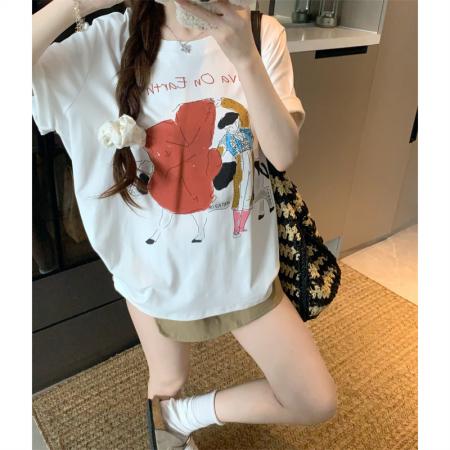 BY15889# 宽松版大码夏季胖mm正肩短袖趣味斗牛士印花纯棉宽松t恤女 服裝批發女裝批發服飾貨源