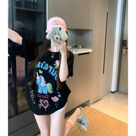 BY15890# 大码女装夏季胖mm正肩韩版独角兽马印花纯棉短袖宽松t恤上衣 服裝批發女裝批發服飾貨源