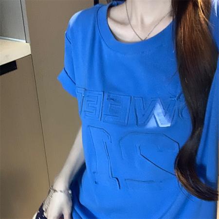 BY15891# 大码夏季胖mm正肩设计感小众字母贴布蓝色纯棉宽松短袖t恤女 服裝批發女裝批發服飾貨源