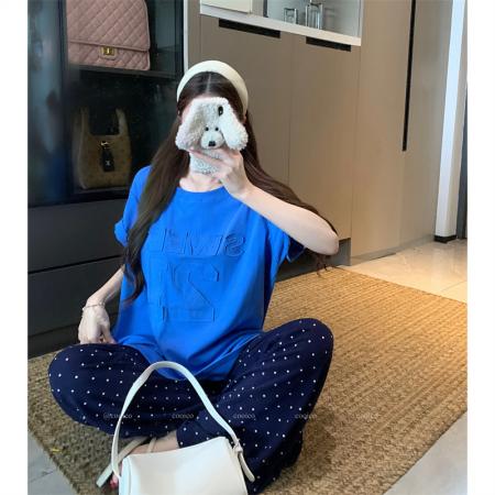 BY15891# 大码夏季胖mm正肩设计感小众字母贴布蓝色纯棉宽松短袖t恤女 服裝批發女裝批發服飾貨源