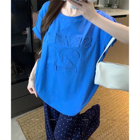 BY15891# 大码夏季胖mm正肩设计感小众字母贴布蓝色纯棉宽松短袖t恤女 服裝批發女裝批發服飾貨源