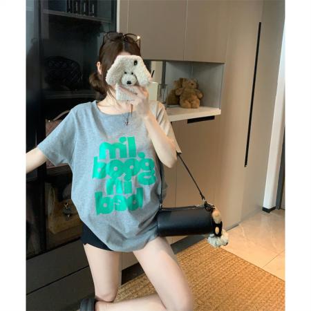 BY15893# 韩国东大门夏季新款大码胖mm正肩百搭舒适t恤字母纯棉短袖女 服裝批發女裝批發服飾貨源