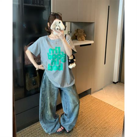 BY15893# 韩国东大门夏季新款大码胖mm正肩百搭舒适t恤字母纯棉短袖女 服裝批發女裝批發服飾貨源