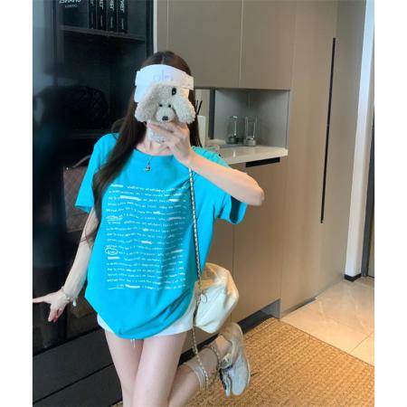 BY15894# 大码胖mm正肩显瘦显白夏季字母印花百搭纯棉短袖宽松T恤女 服裝批發女裝批發服飾貨源