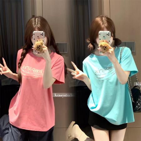 BY15895# 大码夏季胖mm正肩短袖多巴胺字母印花百搭舒适纯棉宽松t恤女 服裝批發女裝批發服飾貨源