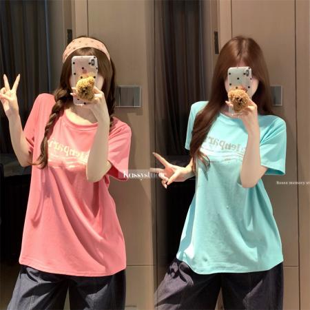 BY15895# 大码夏季胖mm正肩短袖多巴胺字母印花百搭舒适纯棉宽松t恤女 服裝批發女裝批發服飾貨源