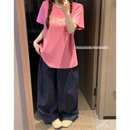 BY15895# 大码夏季胖mm正肩短袖多巴胺字母印花百搭舒适纯棉宽松t恤女 服裝批發女裝批發服飾貨源