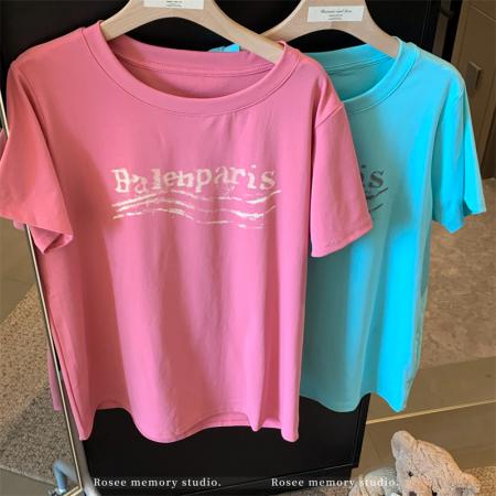 BY15895# 大码夏季胖mm正肩短袖多巴胺字母印花百搭舒适纯棉宽松t恤女 服裝批發女裝批發服飾貨源