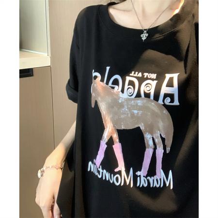 BY15896# 大码夏季胖mm正肩复古黑色小马印花纯棉百搭宽松短袖t恤女 服裝批發女裝批發服飾貨源