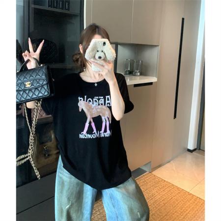 BY15896# 大码夏季胖mm正肩复古黑色小马印花纯棉百搭宽松短袖t恤女 服裝批發女裝批發服飾貨源