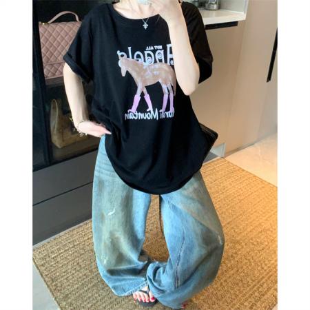 BY15896# 大码夏季胖mm正肩复古黑色小马印花纯棉百搭宽松短袖t恤女 服裝批發女裝批發服飾貨源