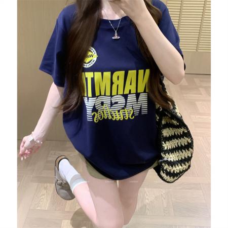 BY15897# 大码胖mm正肩夏季复古休闲百搭撞色字母印花纯棉短袖t恤女 服裝批發女裝批發服飾貨源