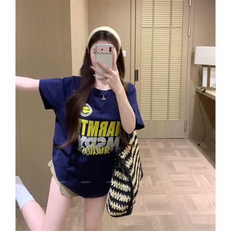 BY15897# 大码胖mm正肩夏季复古休闲百搭撞色字母印花纯棉短袖t恤女 服裝批發女裝批發服飾貨源