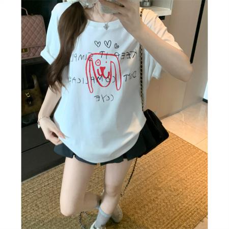 BY15898# 宽松版大码夏季胖mm正肩纯棉短袖白色小狗印花宽松T恤上衣女 服裝批發女裝批發服飾貨源