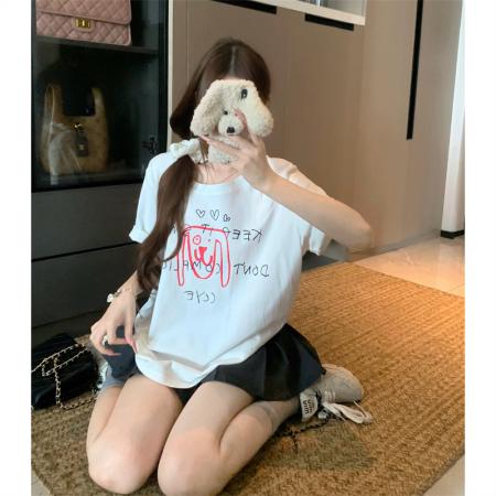 BY15898# 宽松版大码夏季胖mm正肩纯棉短袖白色小狗印花宽松T恤上衣女 服裝批發女裝批發服飾貨源