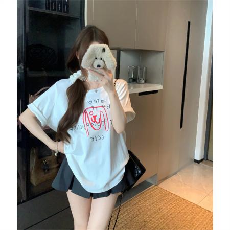 BY15898# 宽松版大码夏季胖mm正肩纯棉短袖白色小狗印花宽松T恤上衣女 服裝批發女裝批發服飾貨源