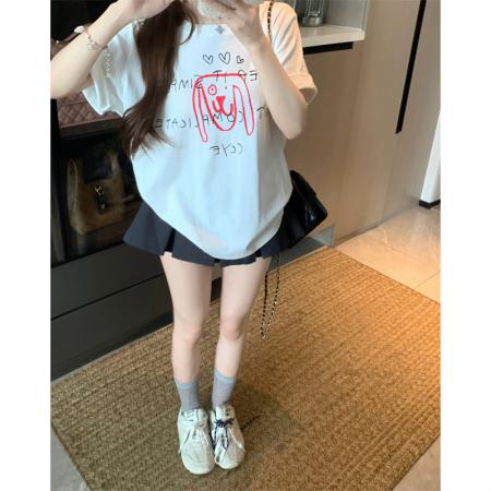 BY15898# 宽松版大码夏季胖mm正肩纯棉短袖白色小狗印花宽松T恤上衣女 服裝批發女裝批發服飾貨源