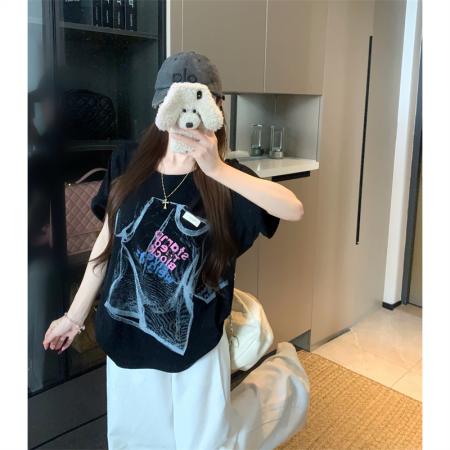 BY15899# 宽松版大码夏季胖mm正肩彩色贴标字母t恤白墨印花纯棉短袖女 服裝批發女裝批發服飾貨源