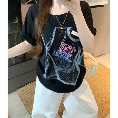 BY15899# 宽松版大码夏季胖mm正肩彩色贴标字母t恤白墨印花纯棉短袖女 服裝批發女裝批發服飾貨源