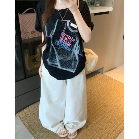 BY15899# 宽松版大码夏季胖mm正肩彩色贴标字母t恤白墨印花纯棉短袖女 服裝批發女裝批發服飾貨源